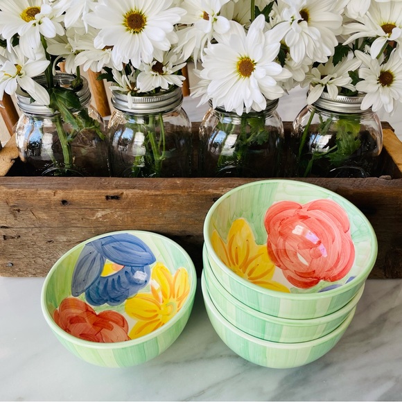 Bob Mackie•(4) Ceramic Soup/Cereal Bowls•HAND-PAINTED•Green Stripes and Flowers - Picture 3 of 14